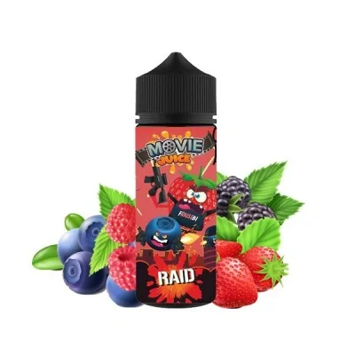 Flacon de Movie Juice Raid 100ml avec fruits rouges, myrtilles et feuilles vertes