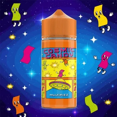 Flacon Cosmic Candy Multifizz entouré d'étoiles et bonbons animés sur fond spatial Flacon Cosmic Candy Multifizz entouré d'étoiles et bonbons animés sur fond spatial