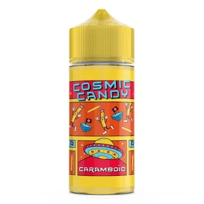 Flacon jaune 50ml e-liquide Caramboïd Cosmic Candy, étiquette colorée avec personnages Flacon jaune 50ml e-liquide Caramboïd Cosmic Candy, étiquette colorée avec personnages
