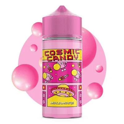 Flacon rose de e-liquide Cosmic Candy saveur Malamars avec bulles roses en arrière-plan Flacon rose de e-liquide Cosmic Candy saveur Malamars avec bulles roses en arrière-plan