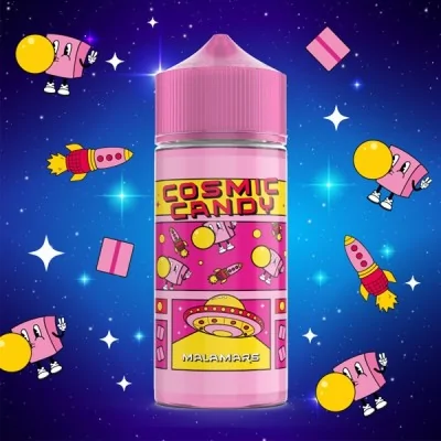 Flacon Cosmic Candy rose sur fond spatial avec planètes et fusées, parfum Malamars Flacon Cosmic Candy rose sur fond spatial avec planètes et fusées, parfum Malamars