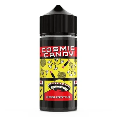 Flacon de e-liquide Reglisstar 50ml Cosmic Candy, étiquette rouge et jaune avec motifs