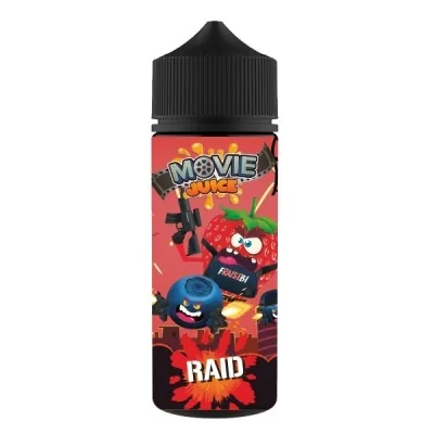 Flacon e-liquide Movie Juice Raid 100ml, parfum fruits rouges, design coloré et ludique