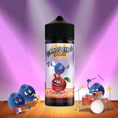 Bouteille d'e-liquide Movie Juice avec personnages animés de fruits jouant de la musique