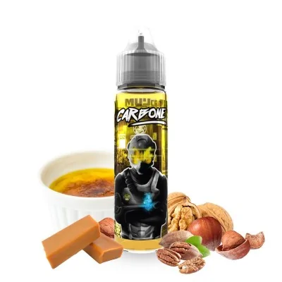 E-liquide Carbone saveur dessert avec caramel, noix et épices, bouteille et ingrédients E-liquide Carbone saveur dessert avec caramel, noix et épices, bouteille et ingrédients
