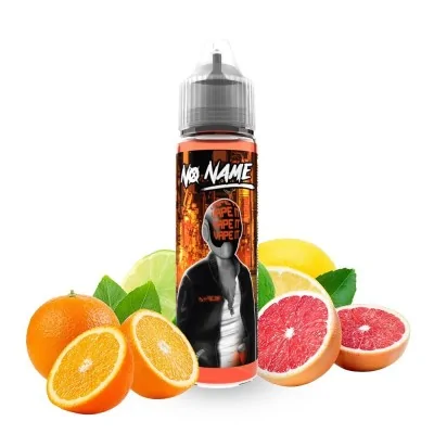 Bouteille de e-liquide No Name entourée d'agrumes : orange, citron, pamplemousse Bouteille de e-liquide No Name entourée d'agrumes : orange, citron, pamplemousse