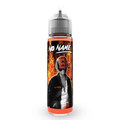 Flacon de e-liquide No Name 50ml avec design orange et noir, silhouette sur fond de flammes Flacon de e-liquide No Name 50ml avec design orange et noir, silhouette sur fond de flammes