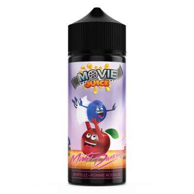 Bouteille d'e-liquide Movie Juice avec personnages de fruits animés sur fond violet Bouteille d'e-liquide Movie Juice avec personnages de fruits animés sur fond violet