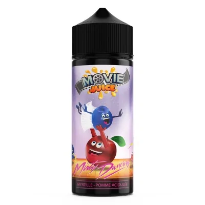 Bouteille d'e-liquide Movie Juice avec personnages de fruits animés sur fond violet