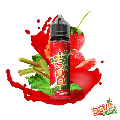 Flacon d'e-liquide Devil Squiz fraise-rhubarbe avec fruits et éclaboussures rouges