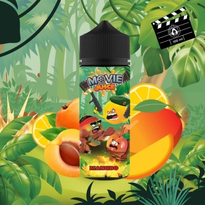 E-liquide Movie Juice Mangbo 100ml avec fruits tropicaux sur fond de jungle, clapperboard E-liquide Movie Juice Mangbo 100ml avec fruits tropicaux sur fond de jungle, clapperboard
