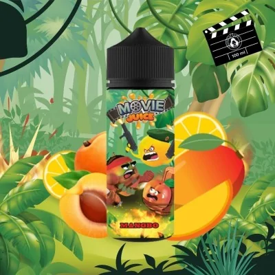 E-liquide Movie Juice Mangbo 100ml avec fruits tropicaux sur fond de jungle, clapperboard