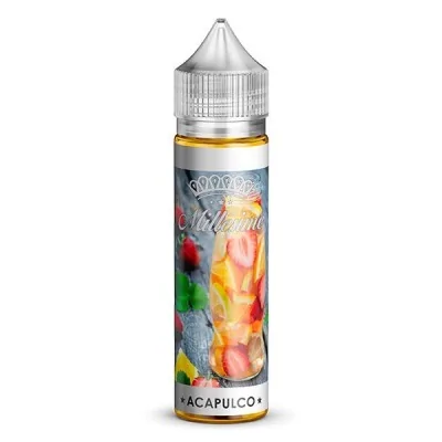 Bouteille d'e-liquide Acapulco 50ml Millésime, colorée avec motifs de fruits tropicaux Bouteille d'e-liquide Acapulco 50ml Millésime, colorée avec motifs de fruits tropicaux