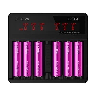 Chargeur Luc V6 Efest avec 6 batteries lithium-ion rechargeables roses et affichage LED Chargeur Luc V6 Efest avec 6 batteries lithium-ion rechargeables roses et affichage LED