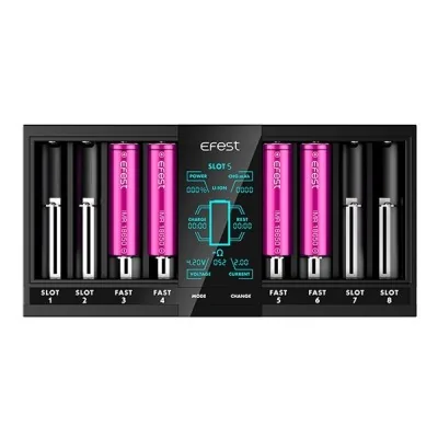 Chargeur de batterie Efest Luc V8 avec écran double, 8 slots pour piles, rose et noir Chargeur de batterie Efest Luc V8 avec écran double, 8 slots pour piles, rose et noir