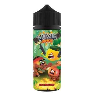 Bouteille e-liquide Movie Juice Mangbo 100ml avec personnages animés fruités sur fond vert Bouteille e-liquide Movie Juice Mangbo 100ml avec personnages animés fruités sur fond vert