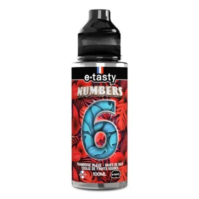 E-liquide Numbers 6 par e.Tasty, flacon de 100ml avec logo bleu sur fond rouge E-liquide Numbers 6 par e.Tasty, flacon de 100ml avec logo bleu sur fond rouge