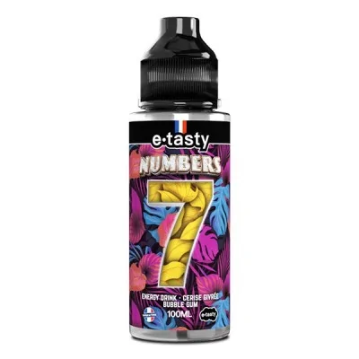 Bouteille de e-liquide Numbers 7 100ml par e.Tasty, saveur Energy Drink, fond coloré Bouteille de e-liquide Numbers 7 100ml par e.Tasty, saveur Energy Drink, fond coloré