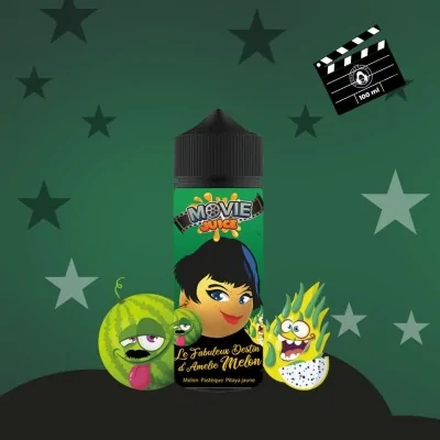 E-liquide Movie Juice Amélie Melon avec fruits animés sur fond vert étoilé et clap cinéma