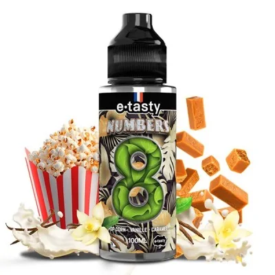 E-liquide Numbers 8 avec arômes pop-corn, vanille et caramel, bouteille et ingrédients E-liquide Numbers 8 avec arômes pop-corn, vanille et caramel, bouteille et ingrédients