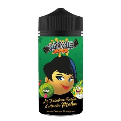 E-liquide Movie Juice Amélie Melon, flacon vert avec visage cartoon et personnages fruits