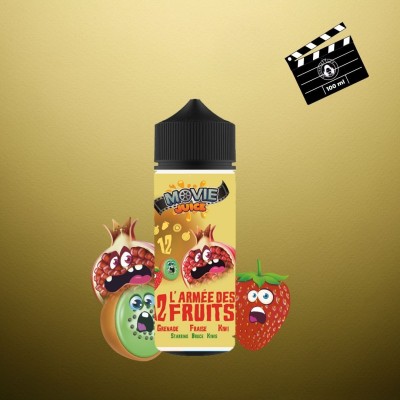E-liquide L'Armée Des 12 Fruits avec fruits animés et clap de cinéma sur fond doré E-liquide L'Armée Des 12 Fruits avec fruits animés et clap de cinéma sur fond doré