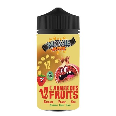 Flacon Movie Juice L'Armée Des 12 Fruits avec grenade cartoon et fraise sur fond jaune Flacon Movie Juice L'Armée Des 12 Fruits avec grenade cartoon et fraise sur fond jaune