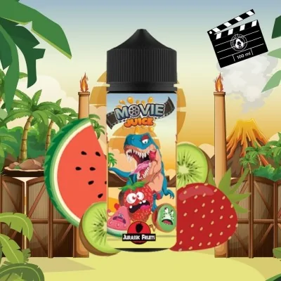 Bouteille de e-liquide Movie Juice Jurassic Fruits entourée de fruits tropicaux et décor film