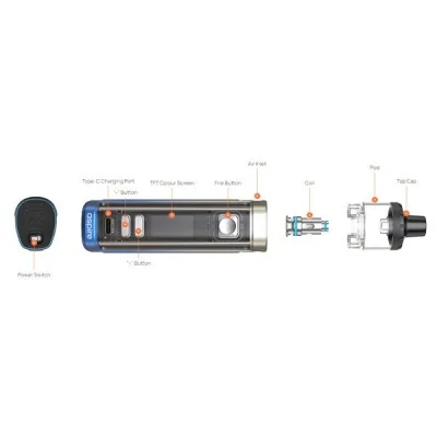 Schéma détaillé du Kit Pod Veynom LX 3200mAh Aspire avec ses composants principaux