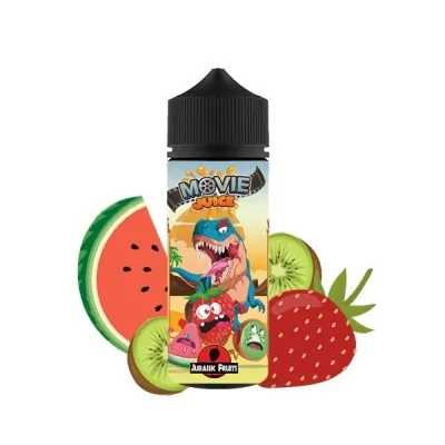 Bouteille de e-liquide Movie Juice Jurassic Fruits avec illustrations de dinosaures et fruits