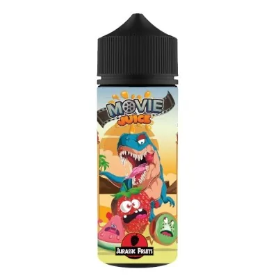 Flacon e-liquide Movie Juice Jurassic Fruits avec dinosaures colorés et fruits tropicaux