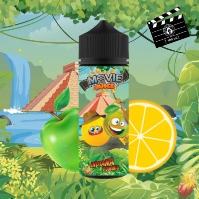 E-liquide Movie Juice Indiana Pomm's avec fruits, clapperboard et décor tropical