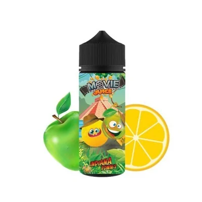 Bouteille e-liquide Movie Juice Indiana Pomm's avec pomme verte et citron, visages amusants