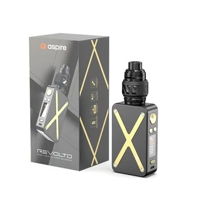 Kit Revolto 220W Aspire, cigarette électronique noire avec motif X jaune et son packaging Kit Revolto 220W Aspire, cigarette électronique noire avec motif X jaune et son packaging