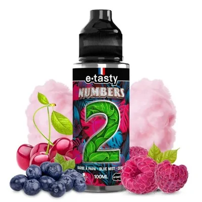 Bouteille e-liquide Numbers 2 avec fruits rouges : cerises, myrtilles, framboises et nuage rose Bouteille e-liquide Numbers 2 avec fruits rouges : cerises, myrtilles, framboises et nuage rose