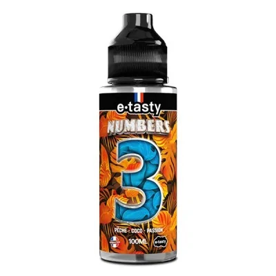 Flacon d'e-liquide fruité e.Tasty Numbers 3 100ml, design coloré avec chiffre 3 bleu
