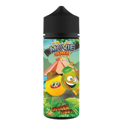 Bouteille de e-liquide Movie Juice Indiana Pomm's avec fruits animés sur l'étiquette Bouteille de e-liquide Movie Juice Indiana Pomm's avec fruits animés sur l'étiquette