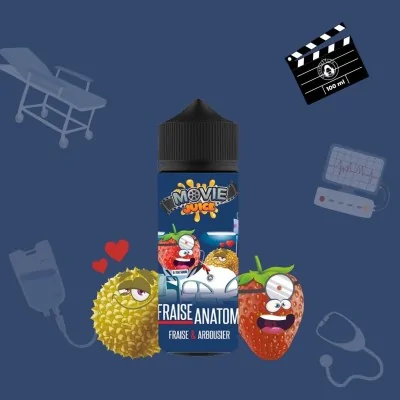 Bouteille e-liquide Fraise Anatomy avec fruits animés, ambiance cinéma, fond bleu