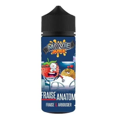 Bouteille e-liquide Movie Juice 'Fraise Anatomy' avec illustration fraise et taco animés