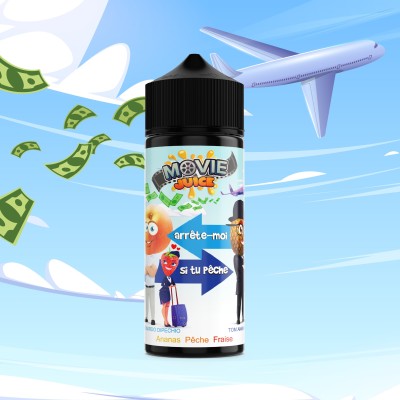 Flacon e-liquide Movie Juice avec avion et billets, saveur pêche, 100ml, fond ciel bleu Flacon e-liquide Movie Juice avec avion et billets, saveur pêche, 100ml, fond ciel bleu