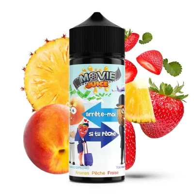 Bouteille Movie Juice saveur pêche ananas fraise, fruits frais en arrière-plan