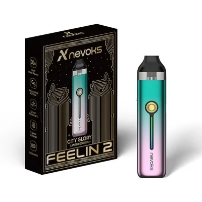 Kit Pod Feelin 2 City Glory Edition Nevoks, boîte noire et appareil turquoise-rose dégradé Kit Pod Feelin 2 City Glory Edition Nevoks, boîte noire et appareil turquoise-rose dégradé