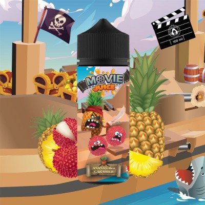 Bouteille e-liquide Movie Juice, fruits exotiques, décor cinéma et pirate, ananas, requin Bouteille e-liquide Movie Juice, fruits exotiques, décor cinéma et pirate, ananas, requin