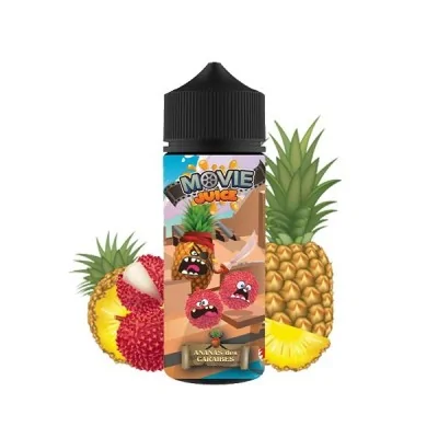 Bouteille e-liquide Movie Juice Ananas Caraïbes avec fruits tropicaux et personnages