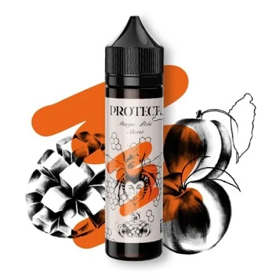 E-liquide Mangue Pêche Abricot 50ml Protect, bouteille noire avec étiquette orange et fruits E-liquide Mangue Pêche Abricot 50ml Protect, bouteille noire avec étiquette orange et fruits