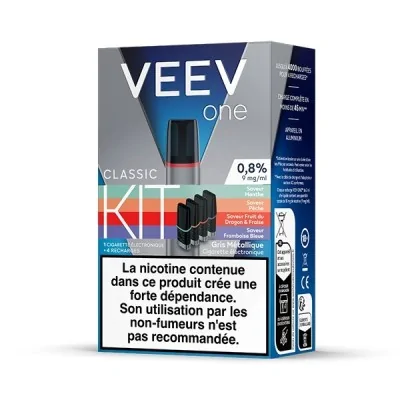 Kit Veev One e-cigarette, saveurs fruitées, nicotine 0,8%, avertissement santé en français