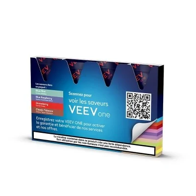 Kit Veev One Saveurs Classiques avec QR code, emballage bleu et rouge, pour cigarette électronique