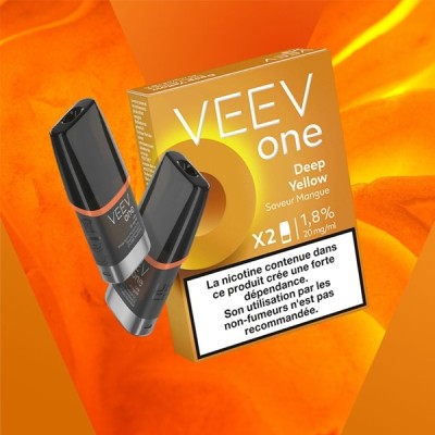 Pack de 2 pods Veev One Deep Yellow Mangue, e-cigarette, fond orange vif, avertissement nicotine
