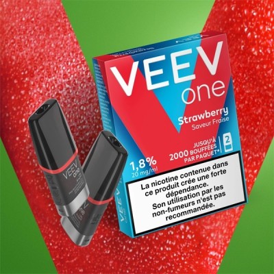 Paquet Veev One Strawberry avec pods, saveur fraise, avertissement nicotine, fond rouge-vert Paquet Veev One Strawberry avec pods, saveur fraise, avertissement nicotine, fond rouge-vert