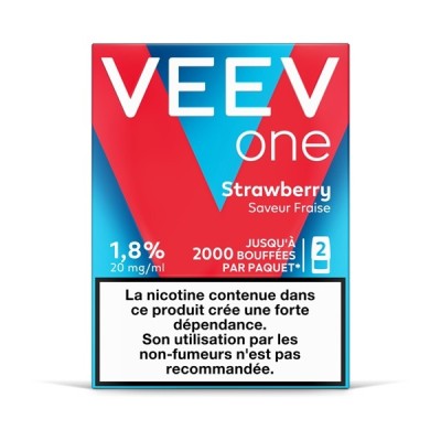 Paquet Veev One saveur fraise, 1.8% nicotine, 2000 bouffées, avertissement santé Paquet Veev One saveur fraise, 1.8% nicotine, 2000 bouffées, avertissement santé